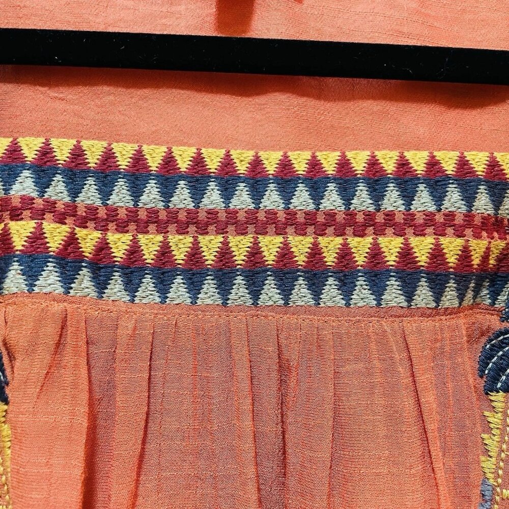 ENTRO Rust-Colored Embroidered Tie-Front Bell Sleeve Boho Shirt Sz L - Picture 6 of 10